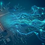 イクロチップ回路がソフトウェアのコードストリームへと変容する抽象的なデジタルイラスト