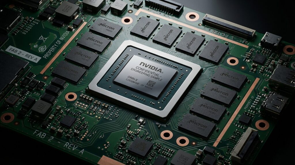 中央に大型SoCパッケージを配置し、周囲に8枚のメモリチップが並ぶNVIDIAのエンジニアリングサンプル基板