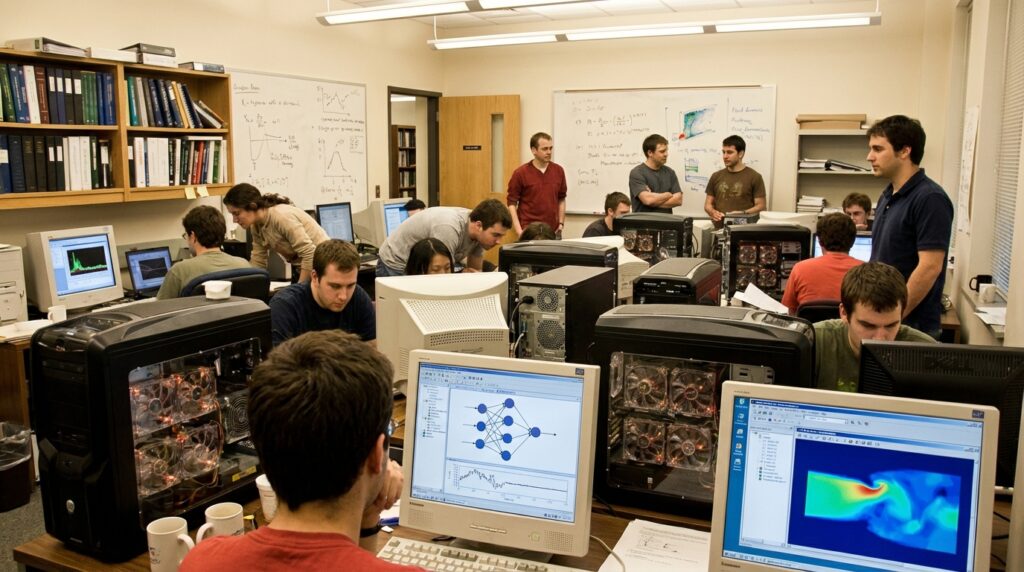 2000年代半ばの大学研究室。複数のGPU冷却ファンが見えるデスクトップPCの周りに集まる研究者と学生たち