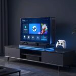 リビングルームのテレビ台に置かれたコンパクトな立方体型ゲームPC（Steam Machine）のコンセプトイラスト