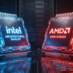暗い背景の上で向き合う2基の次世代CPU