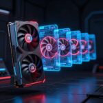 AMDのRadeon GPUカードを中心に、複数の発光フレームが連なって増殖していく様子を表したサイバー系コンセプトアート
