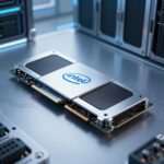 IntelのデータセンターAIアクセラレーターGPU「Crescent Island」のコンセプトイメージ。未来的なサーバーラック環境。
