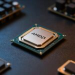 プロダクト写真スタイル。暗い反射面に置かれたAMD CPUプロセッサ。