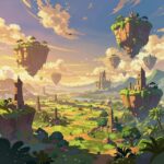 ファンタジーコンセプトアート。アニメ風の美麗なオープンワールドの風景。