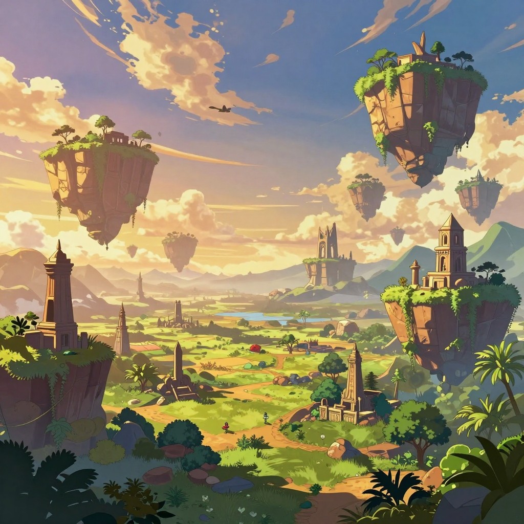 ファンタジーコンセプトアート。アニメ風の美麗なオープンワールドの風景。