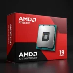 AMDの10周年記念版CPUパッケージのシネマティックなプロダクト写真。