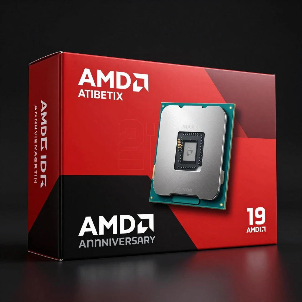 AMDの10周年記念版CPUパッケージのシネマティックなプロダクト写真。