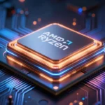 AMD Ryzenゲーミングプロセッサのクローズアップ。3D積層キャッシュ層が青橙のサーキット光で輝くコンセプトアート調マクロ撮影