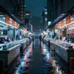 夜間の中国電子機器街。ネオンに照らされたGPUの陳列ケースが並ぶ。