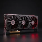 トリプルファンクーラーを備えたゲーミングGPUのシネマティックなプロダクト写真。