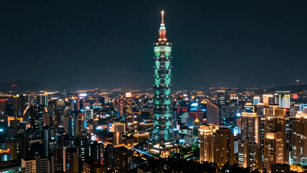 台北の夜景を空撮した構図に半導体回路パターンを重ねたコンセプトアート。