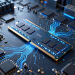 次世代メモリチップのコンセプトアート。DDR6 RAMモジュールのクローズアップ