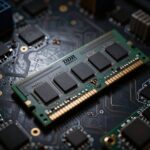 偽物DDR5 SO-DIMMメモリモジュールの調査写真。基板上に露出したプラスチック製ダミーDRAMチップ。