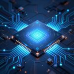 先端半導体チップパッケージングのコンセプトアート。暗いサブストレート上に光るシリコンブリッジ回路