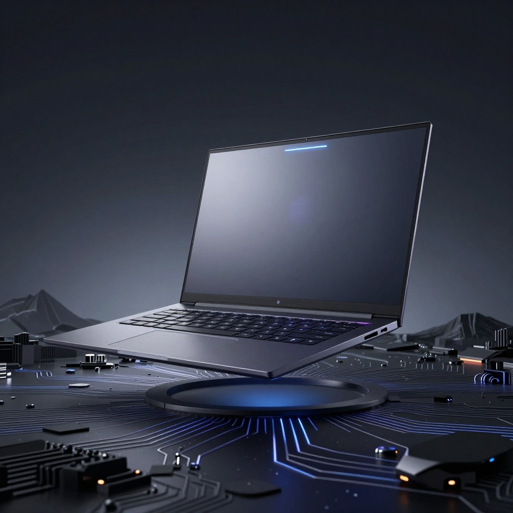 スリムなプレミアムノートPC。天板にLEDライトバーが光り、暗いスペースグレーの金属筐体が回路基板の抽象的な風景の上に浮かぶコンセプトアート。