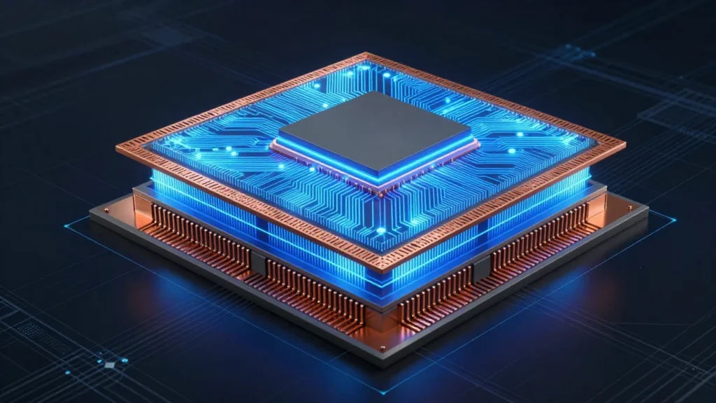 3Dロジックオンロジック積層構造の半導体チップ断面概念図。銅製ハイブリッドボンディング接続部と発光する回路層。