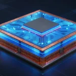 3Dロジックオンロジック積層構造の半導体チップ断面概念図。銅製ハイブリッドボンディング接続部と発光する回路層。