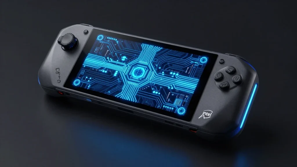 未来的なデザインのハンドヘルドゲーム機。青く発光する回路基板パターン、SF的なコンセプトアート風の製品レンダリング。