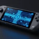 未来的なデザインのハンドヘルドゲーム機。青く発光する回路基板パターン、SF的なコンセプトアート風の製品レンダリング。