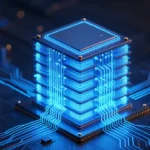 中国製半導体チップのコンセプトアート。ネオンブルーに光る3D垂直積層レイヤーが超高層ビルのように折り重なる回路。
