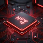 エントリークラスGPUチップのコンセプトアート。赤と黒の配色、Navi 44ダイのクローズアップ風ビジュアル