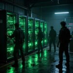 スリラー映画風コンセプトアート。暗い倉庫に並ぶ緑に光るサーバーラック