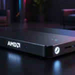 スリムでコンパクトな黒いゲームコンソール型のSteam Machine。AMDとSteamのロゴが光り、暗い背景に鮮やかなRGBの反射が映える。