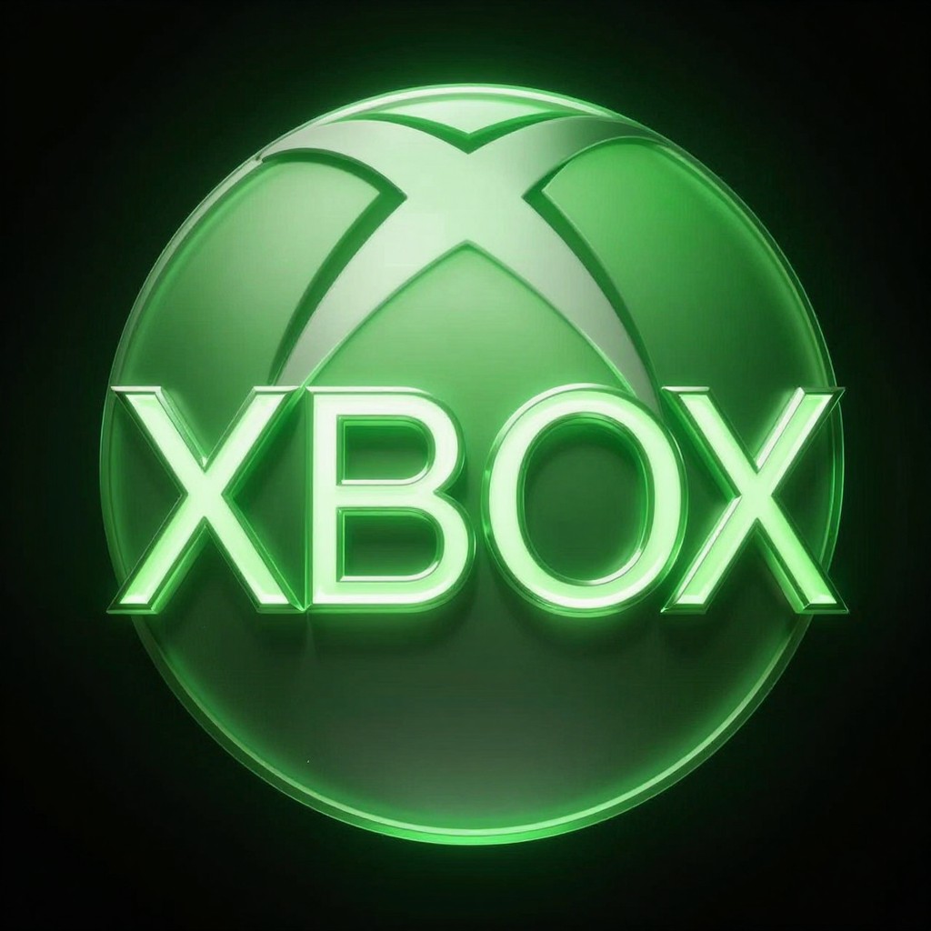 暗い背景に輝く緑色のXboxロゴ。大文字の「XBOX」レタリングとレトロフューチャーなデザイン