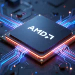 AMD Zen 6アーキテクチャのコンセプトビジュアル。暗いシリコン基板上に光り輝く回路経路