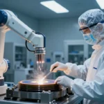 先端半導体製造のクリーンルーム。ロボットアームで搬送されるウェハ。