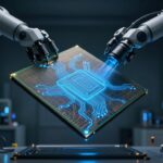 ロボットアームが保持する未来的な半導体ウェハ。