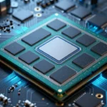 巨大なGPUダイを搭載したAIアクセラレータのPCB基板。グリッド状に並んだ多数のメモリチップ。