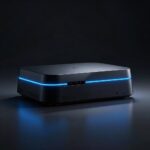 次世代ゲームコンソールのコンセプトアート。マットブラックの筐体に青いアクセントライト。