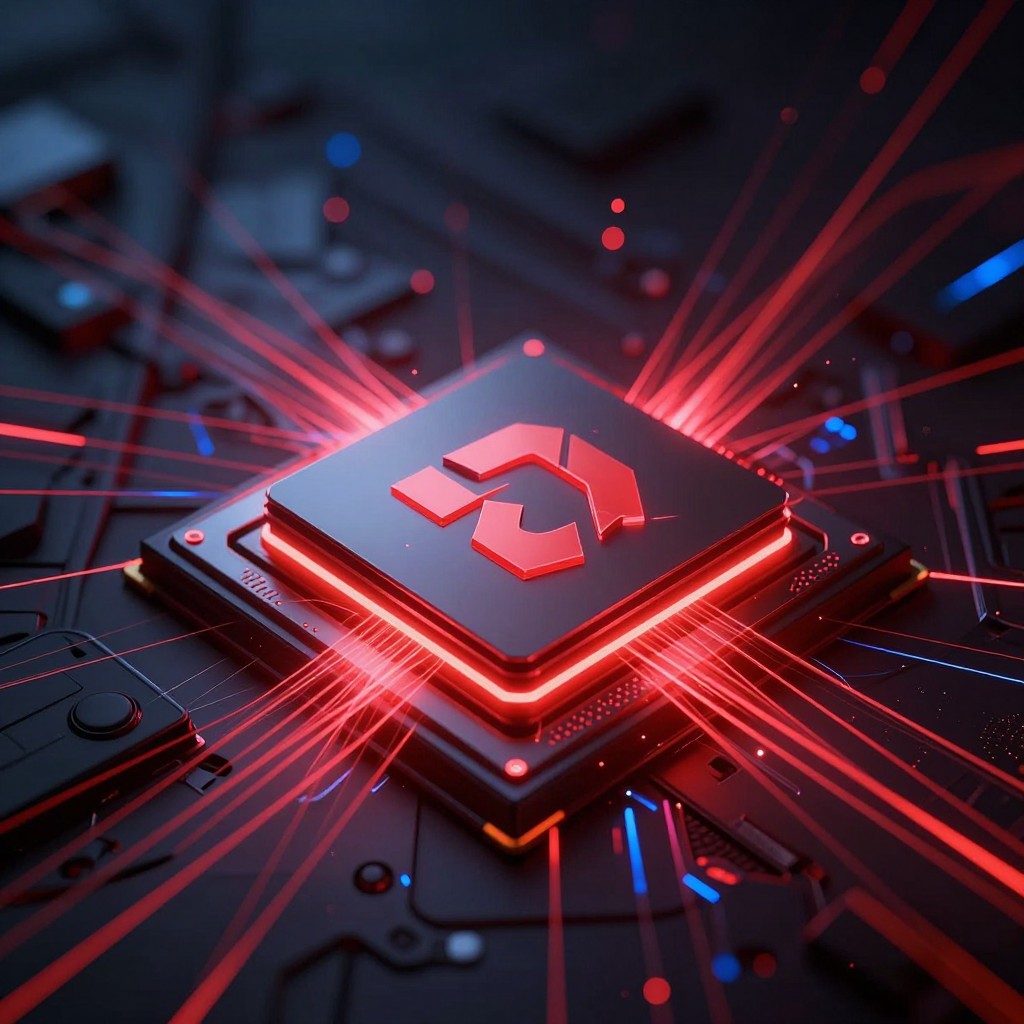 AMDのGPUコンセプトイメージ。中央プロセッサからAIアップスケーリングのエネルギー波が放射するイメージ