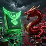 米中半導体対立のコンセプトアート。左に緑色の米国チップ（鷲モチーフ）、右に赤い龍が回路基板に絡まる構図。緊張感ある暗い背景