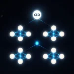 サイバースペースに浮かぶAIエージェント組織のデジタル階層図。