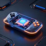 透明シャーシからプロセッサチップが見えるフューチャリスティックなゲーミングハンドヘルド機のコンセプトアート