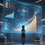 未来的なデータ観測室、巨大なホログラフィックディスプレイの前に立つアニメ調の女性アナリスト、