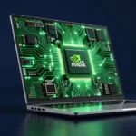 NVIDIAグリーンに発光する回路基板を内蔵した近未来的なノートPC。ARMチップのクローズアップと暗いブルー背景でドラマチックな製品写真風レンダリング