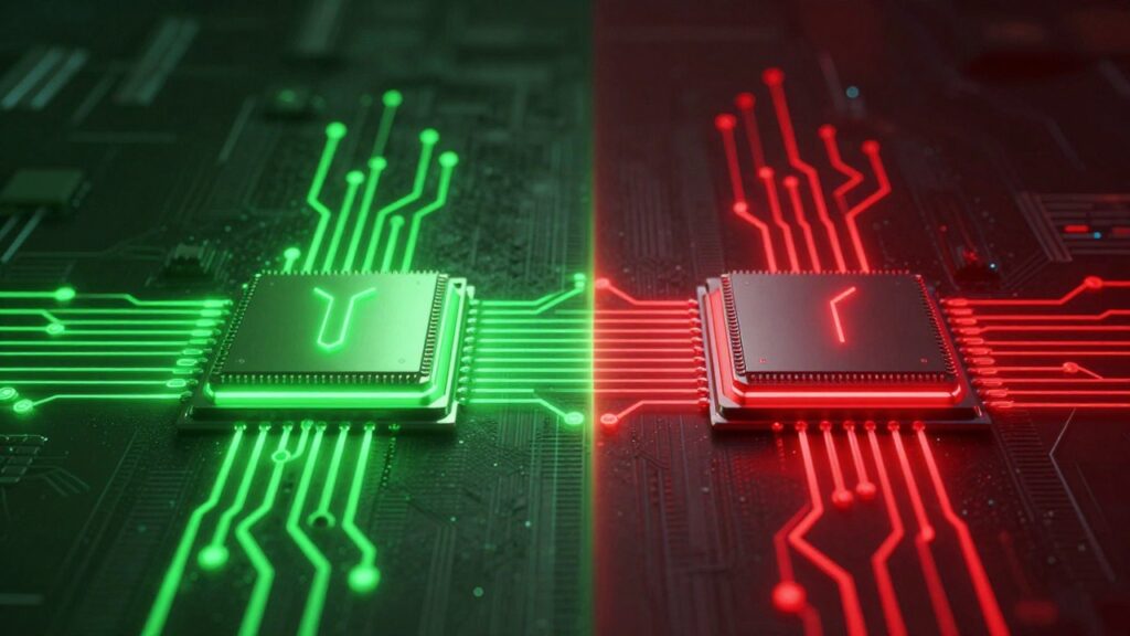 2つの未来的なAIプロセッサが発光するスプリットスクリーンを挟んで対峙するコンセプトイラスト