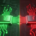 2つの未来的なAIプロセッサが発光するスプリットスクリーンを挟んで対峙するコンセプトイラスト