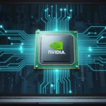 未来的なノートPC向けチップの発表イメージ。ニューラルネットワーク回路パターンが輝き、ダークな背景に青と緑のアクセントライト。