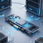 未来的なAI推論専用チップのコンセプトアート。PCIeカードと発光する回路基板