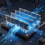 推論専用AIチップのコンセプトアート。SRAMメモリアレイがシリコンダイに組み込まれた断面図。