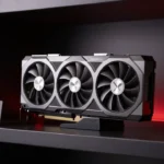 小売棚に値札付きで展示されたAMD Radeonグラフィックスカードの商品写真風イメージ。