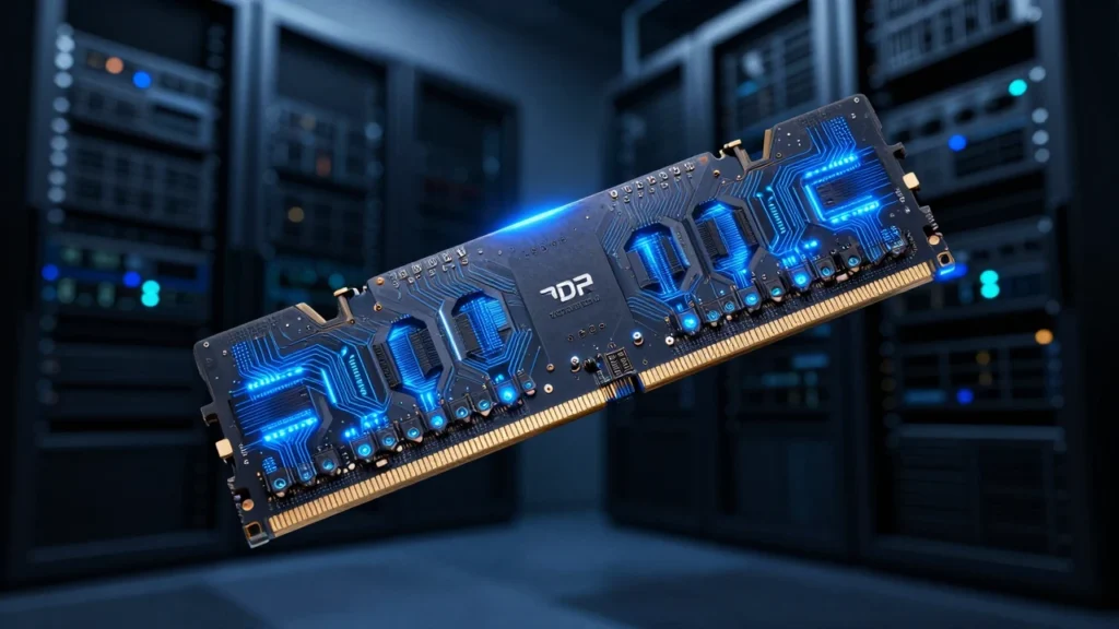 暗いバックグラウンドに青く光るDDR5メモリモジュール。背景にはデータセンターのサーバーラック。