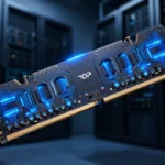 暗いバックグラウンドに青く光るDDR5メモリモジュール。背景にはデータセンターのサーバーラック。