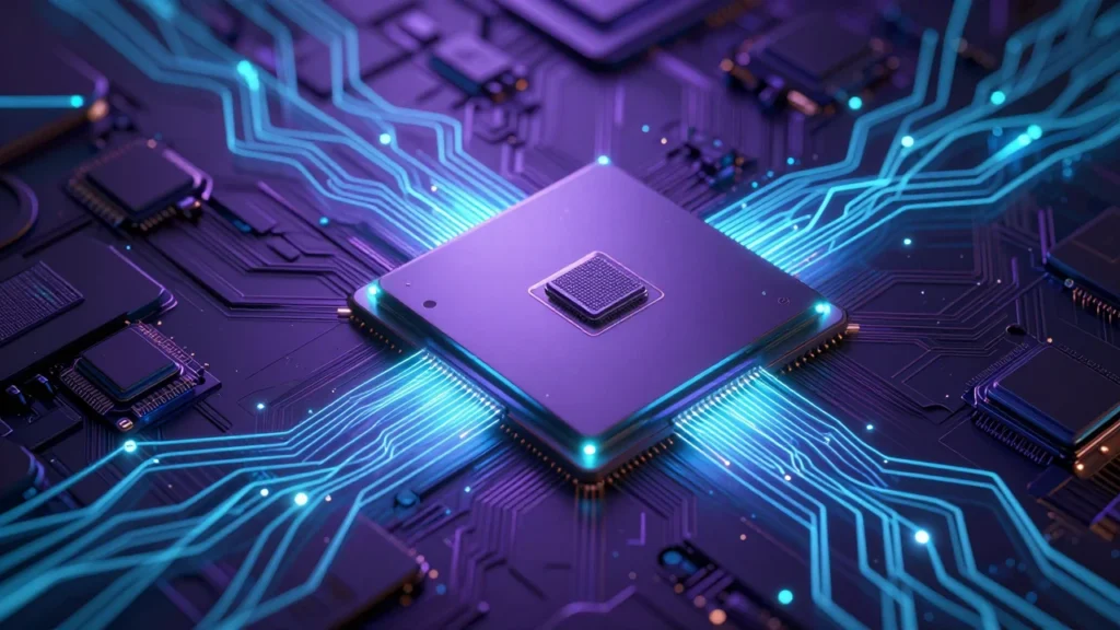 CPU・GPU・メモリが一体化した統合チップのコンセプトアート。データ経路が発光し接続される様子を俯瞰で捉えた構図。