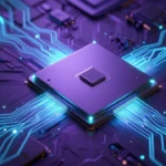 CPU・GPU・メモリが一体化した統合チップのコンセプトアート。データ経路が発光し接続される様子を俯瞰で捉えた構図。